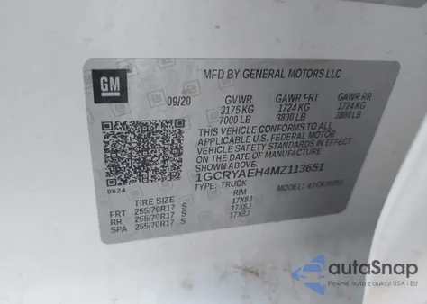 2021 Chevrolet Silverado 1500 4Wd Standard Bed Wt z USA, uszkodzony, nr VIN 1GCRYAEH4MZ113651